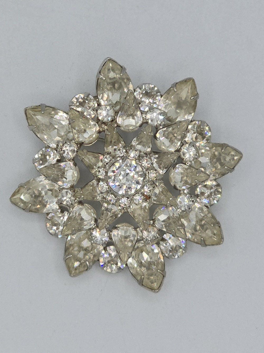VTG Weiss Rhinestone Starburst Brooch Clear Navette & Round Cut Silver Tone 2"